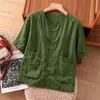 Camisa Lisa de Manga Curta Feminina 2026 Nova Verão Estilosa Gola Redonda Camisa de Algodão e Linho Feminina Solta Emagrecedora Top