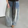 Ropa de mujer coreana Dongdaemun, jeans retro americanos azul claro con dobladillo curvo, tiro bajo, adelgazantes, favorecedores de la figura, pantalones largos de pierna ancha para mujer en otoño