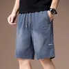 Shorts Jeans de Lyocell Tencel Estilo Americano Fresco para Homens, Verão Fino Patchwork Desconstruído Degradê Comprimento do Joelho