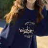 Sudadera Redonda Estampada Estilo Americano para Mujer, Top Moderno de Corte Holgado en Azul Marino