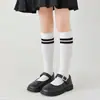 Calcetines de Malla de Algodón de Caña Larga para Niños Primavera y Verano Delgados Blanco y Negro Estudiantes Temporada de Graduación Unisex Calcetines de Dos Rayas para la Pantorrilla