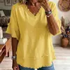Moda Femenina Transfronteriza Nueva de Verano 2026 Estilo Europeo y Americano Cuello en V con Flecos Manga Corta Holgada Color Sólido Camiseta Casual para Mujer