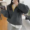 Estilo Dongdaemun coreano de alta gama, diseño de color contrastante, suéter de punto pullover nicho con botones ocultos y dobladillo con cordón