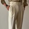 Pantalones de Color Sólido Waffle de Lujo Ligero Cintura Alta Rectos Nápoles Casual Sin Planchado Negocios Hebilla Italiana Pantalones Largos