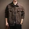Jaqueta jeans de algodão puro, peso pesado, estilo retrô de alta qualidade, com gola alta, nova coleção de outono masculina, acabamento lavado e desgastado, estilo solto e casual