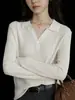 Suéter Polo de Punto de Cachemira de Alta Gama Estilo Old Money para Mujer, Ropa Exterior de Otoño/Invierno de Manga Larga, Suéter Básico de Cuello V