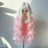 Peluca de cosplay BJD de pelo largo y rizado con flequillo, peluca de personaje en blanco, color degradado blanco-rosa, estilo seda suave, peluca en blanco para muñecas