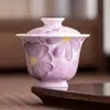 Tazón Doble Púrpura Hecho en Fábrica con Margaritas Pintadas a Mano Taza de Té de Cerámica Pintada a Mano Tazón de Té Individual Juego de Té Kung Fu de Gama Alta