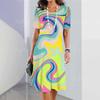 Vestido Feminino Estampa Gradiente Elegante Casual Gola Redonda Manga Curta Vestido de Verão Roupa Feminina da Moda