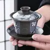 Gaiwan de Argila Roxa Embossado Original Mineral Fragrância de Lótus Tigela Três Talentos Tigela de Chá de Argila Preta Conjunto de Chá de Grande Capacidade Cor Sólida Estilo Chinês Uso Doméstico