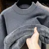 Suéter Masculino de Pelo Longo com Gola Meia-Alta, Adicionado com Lã e Espessamento, Cor Sólida, Corte Solto, Peça Única de Lã Quente para o Inverno, Camisa Base Térmica Masculina, Tendência