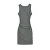 Vestido Midi Bodycon Ajustado al Cuerpo de Cuello Redondo sin Mangas con Pliegues Estilo Puro Deseo, Elástico Ajustado de Color Sólido para Mujeres