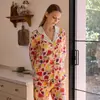 [História de Frutas] Pijama Estampado 100% Algodão para Mulheres, Conjunto de Roupa Caseira de Algodão com Gola e Manga Longa para Primavera e Outono, Que Pode Ser Usado Fora