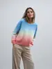 Suéter de lã fleece transfronteiriço para mulheres, suéter de puxar, novo design de gola redonda em cor gradiente de outono e inverno, suéter de tricô para mulheres