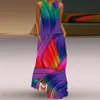 Novo vestido longo estampado retro europeu e americano de verão, decote V, multicolorido, longo, sexy, sem mangas