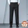 Calça casual masculina de mistura de lã, novo estilo de inverno, business casual, forrada com fleece, espessada para aquecimento, corte reto, acabamento escovado