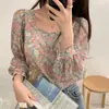 Corea del Sur chic joven chica primavera dulce reductor de edad floral vintage cuello cuadrado manga larga camisa suelta chiffon top