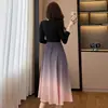 Deslumbrante e único vestido longo de manga comprida em linha A com gradiente preto no estilo Chanel, adequado para primavera e outono, roupas femininas plus size para senhoras plus size