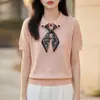 2026 Primavera e Verão Novo Estilo Lã Fina Gola Polo Tricô Manga Curta Feminino Gravata Solto Pulôver Top Camiseta