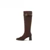 Botas largas de tacón alto hasta la rodilla y botas para mujer 2026 talla petite lazo punta cuadrada botas altas para mujer tacón grueso delgadas moda nuevo estilo