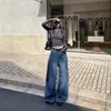26 Jeans Azules de Mujer de Otoño/Invierno, Nuevo Diseño Vintage Plisado, Cintura Alta, Adelgazantes, Pierna Ancha, Largo hasta el Suelo