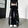 Calça Larga com Estampa de Listras e Letras de Cintura Dupla Estilo Spicy Girl Americana Design Masculino Solta Versátil Casual