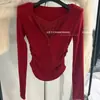 Camiseta de Manga Larga con Botones y Encaje, Cuello en V, Puro Deseo, Terciopelo Alemán, Nuevo Estilo Otoño e Invierno para Mujer, Top Básico Ajustado, Moderno