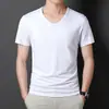 Camiseta de Manga Corta de Algodón Ligero de Seda de Hielo Modal para Hombre, Cuello en V, Color Sólido Negro, Verano, Sensación de Hielo, Secado Rápido, Corte Ajustado, Manga Media, Camiseta Base