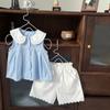 [Pronta Entrega] Dz25289 Conjunto Feminino Verão 2025 Novo Estilo Coreano Gola Lapela Bordado Laço Top