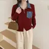 Cardigan Tricotado com Patchwork de Jeans e Gola Lapela Estilo Coreano 2026 para Mulheres, Jaqueta Suéter Aberta com Zíper, Solta e Versátil para Outono e Inverno