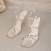 Sandalias Europeas y Americanas de Tacón Alto Transfronterizas para Discoteca Adelgazantes para Mujer con Tira Fina Tobillera Moda Transfronteriza Plateadas Brillantes Venta al por Mayor Tallas Grandes