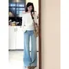 175 cm de Altura, Jeans Acampanados Retro Americanos Extra Largos Color Azul Claro para Mujer, Pantalones Elásticos de Largo Completo