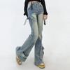 Jeans Feminino de Verão Fino Estilo Americano Retrô com Barra Micro Flare e Tiras de Borboleta Preta, Nicho, Cintura Alta, Afinando, Calça Mop