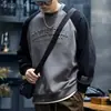 Moletom espesso com blocos de cor em relevo estilo americano para homens, marca da moda retrô para outono e inverno, corte solto, tamanho grande, gola redonda, top casual masculino