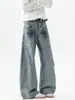 Jeans retro americanos con estampado de bambú, lavados desgastados y dobladillo curvo para hombres y mujeres, diseñados con un corte recto holgado y de longitud hasta el suelo