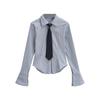 Camisa de manga larga ajustada a la cintura con textura a rayas para mujer 2023 Otoño Nueva Universidad chica hot slim solapa top