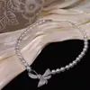 Elegante Colar Retro Francês de Zircônia Micro-Cravada com Laço e Pérola para Mulheres, Moda Tendência, Colar Sofisticado