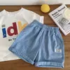 Shorts Infantis para Meninos e Meninas, Estilo Verão Fino 2026 Versão Coreana, Shorts Listrados Azul Claro e Branco Frescos, Shorts Casuais Comprimento do Joelho