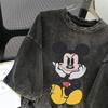 Camiseta de manga corta con estampado de Mickey desgastado y lavado de marca de moda nacional, top de media manga extragrande de nicho de calle principal estadounidense para mujer