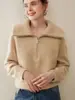 Suéter básico de tricô 100% caxemira pura para outono e inverno para mulheres, com gola dobrável e zíper parcial, pulôver casual, modelador e adequado para o trabalho