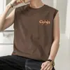 Camiseta Regata de Algodão Puro Masculina Roupa de Verão para Malhar Esportes Regata de Alça Larga Tendência Estampa de Folha de Bordo Sem Mangas
