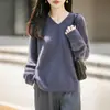 Suéter de punto de lana sin costuras con cuello en V para mujer, otoño e invierno, suéter holgado de manga larga de forro polar, top básico de estilo casual