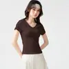 Camiseta deportiva de manga corta para mujer, ajuste ceñido, cuello en V, secado rápido, transpirable, alta elasticidad, adelgazante, adecuada para correr, Pilates y entrenamiento de fitness