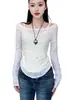 Blusa Camiseta de Manga Larga Off-Shoulder Estilo Americano Picante para Mujer, Top Casual Ajustado de Nicho para Primavera, Tendencia Ins