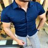 Camisa de manga corta con solapa fina de color sólido de moda casual para hombre primavera y verano 2024 de Amazon transfronteriza de comercio exterior