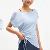 Cubierta de Yoga Transpirable Fina de Verano Manga Corta Hombros Descubiertos para Mujer Camiseta Plisada con Cordón Holgada Casual Ropa de Fitness Yoga