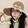 Sombrero de Paja con Encaje para Mujer Verano Nuevo Paja Hueco Sombrero de Sol con Correa de Lazo Protección Solar Costera Sombrero de Sol