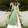 Vestido de dama de honor de gasa con escote en V y manga acampanada, estilo europeo y americano, con cintura plisada y abertura, vestido largo formal para fiesta de boda