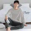 Pijama coreano de algodón puro para hombre, de manga larga y pantalón largo, para otoño e invierno, 100% algodón, cuello redondo, casual, corte holgado, adecuado para usar fuera de casa, conjunto para el hogar