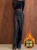 Pantalones de cuero negros de pierna ancha, corte slim, para mujer, nuevo estilo otoño/invierno 2026, talla petite, cuero PU, tiro alto, forro polar, pierna recta, hasta el suelo